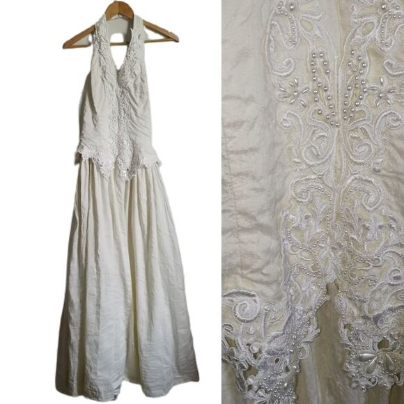 Jessica McClintock Dresses & Skirts - Jessica McCLINTOCK VINTAGE Off-White Beaded Raw Silk Wedding Maxi Dress Medium